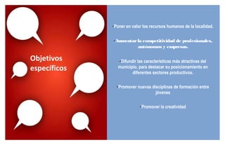 ✔
                  Poner en valor los recursos humanos de la localidad.

              ✔   Aumentar la competitividad de profesionales,
                           autónomos y empresas.

Objetivos            Difundir las características más atractivas del
                       ✔



específicos         municipio, para destacar su posicionamiento en
                           diferentes sectores productivos.

                   ✔
                       Promover nuevas disciplinas de formación entre
                                         jóvenes

                                  ✔   Promover la creatividad
 
