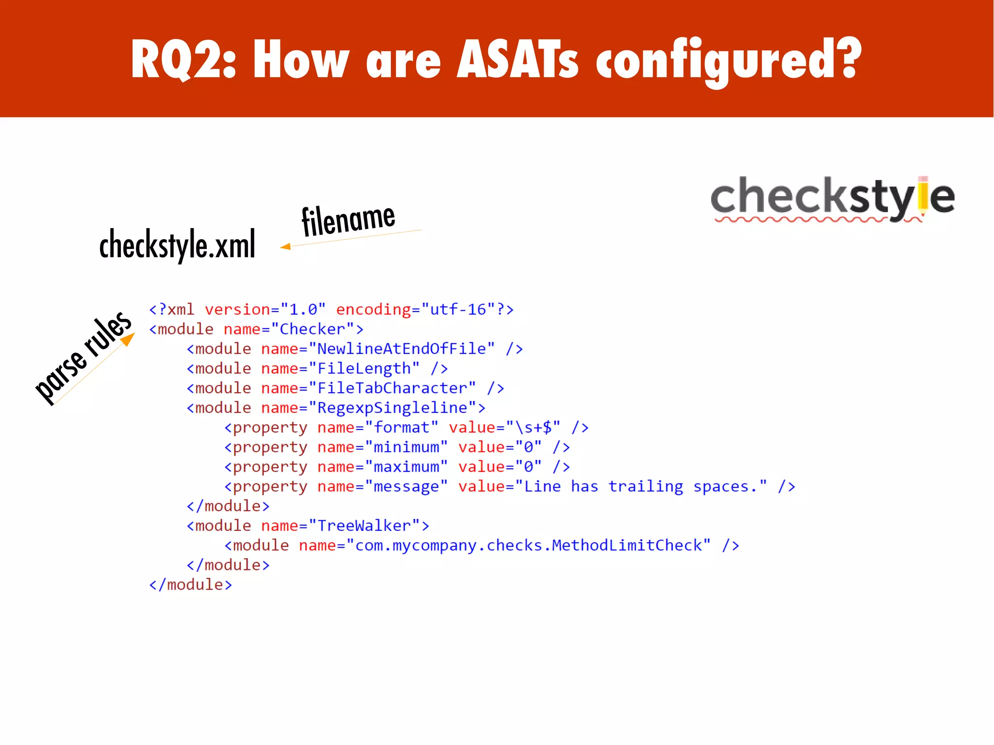 RQ2: How are ASATs configured?
filename
checkstyle.xml
parse rules
 
