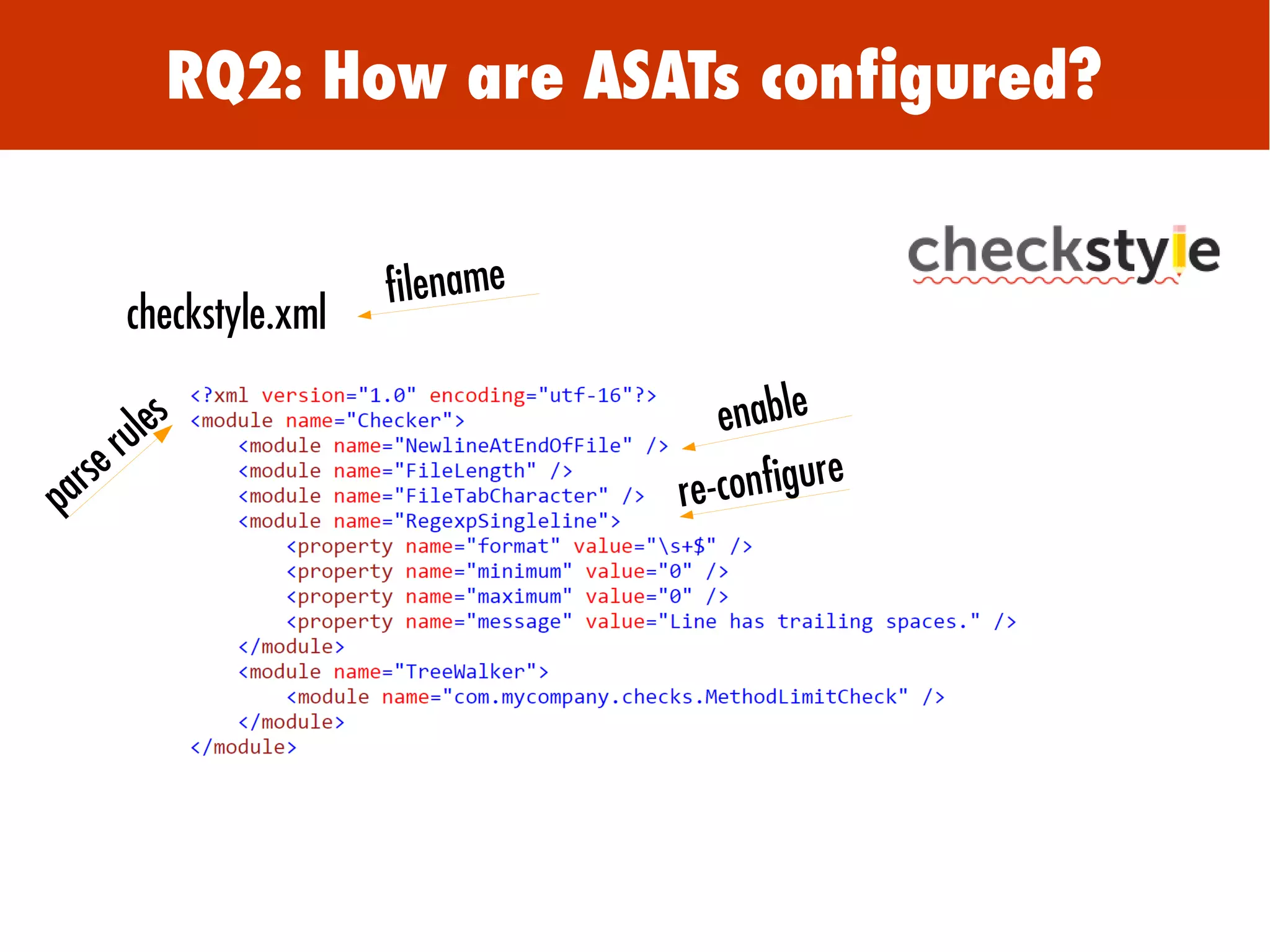 RQ2: How are ASATs configured?
filename
checkstyle.xml
enable
re-configure
parse rules
 