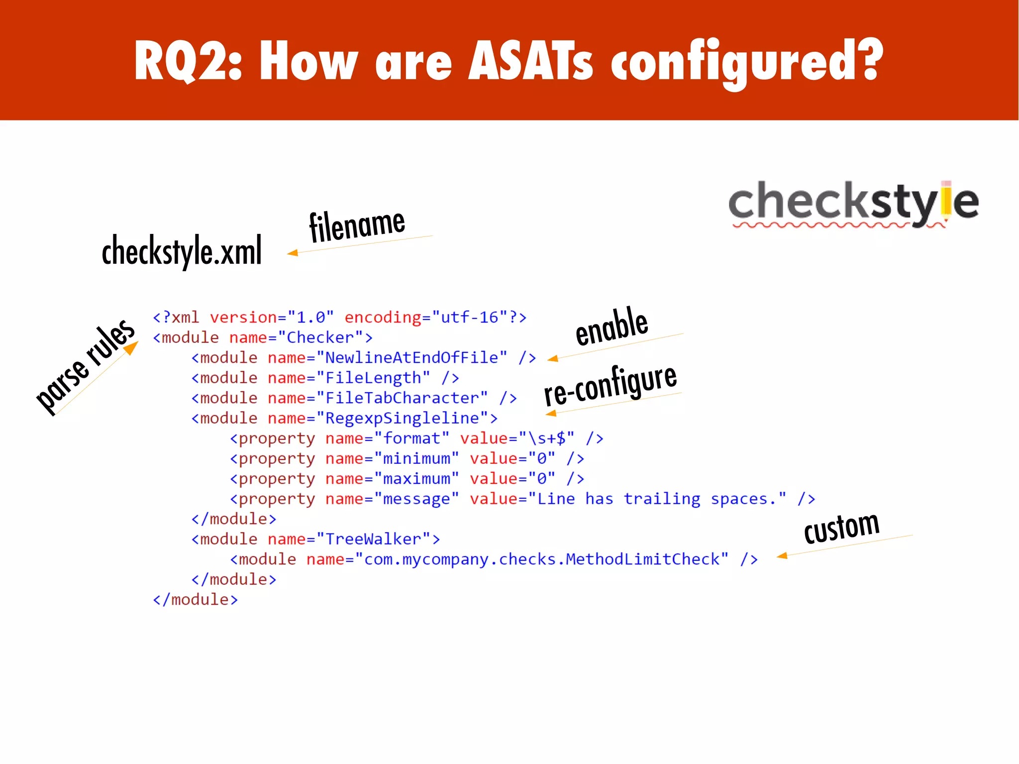 RQ2: How are ASATs configured?
filename
checkstyle.xml
enable
re-configure
parse rules
custom
 