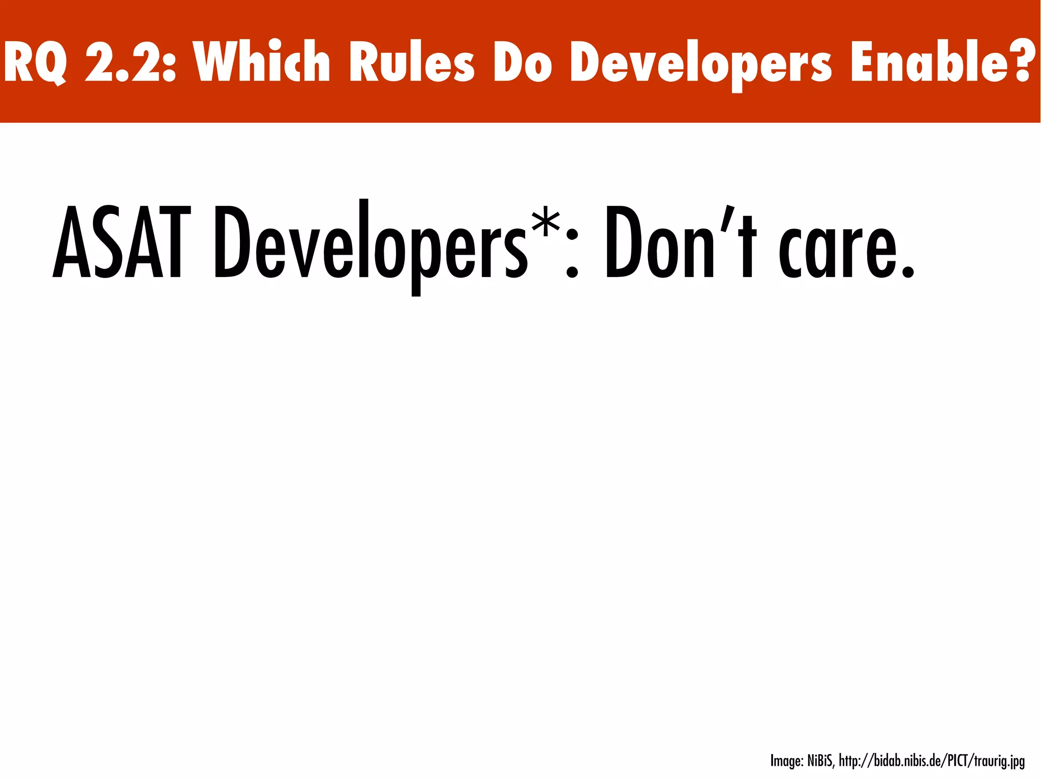 RQ 2.2: Which Rules Do Developers Enable?
ASAT Developers*: Don't care.
Image: NiBiS, http://bidab.nibis.de/PICT/traurig.jpg
 