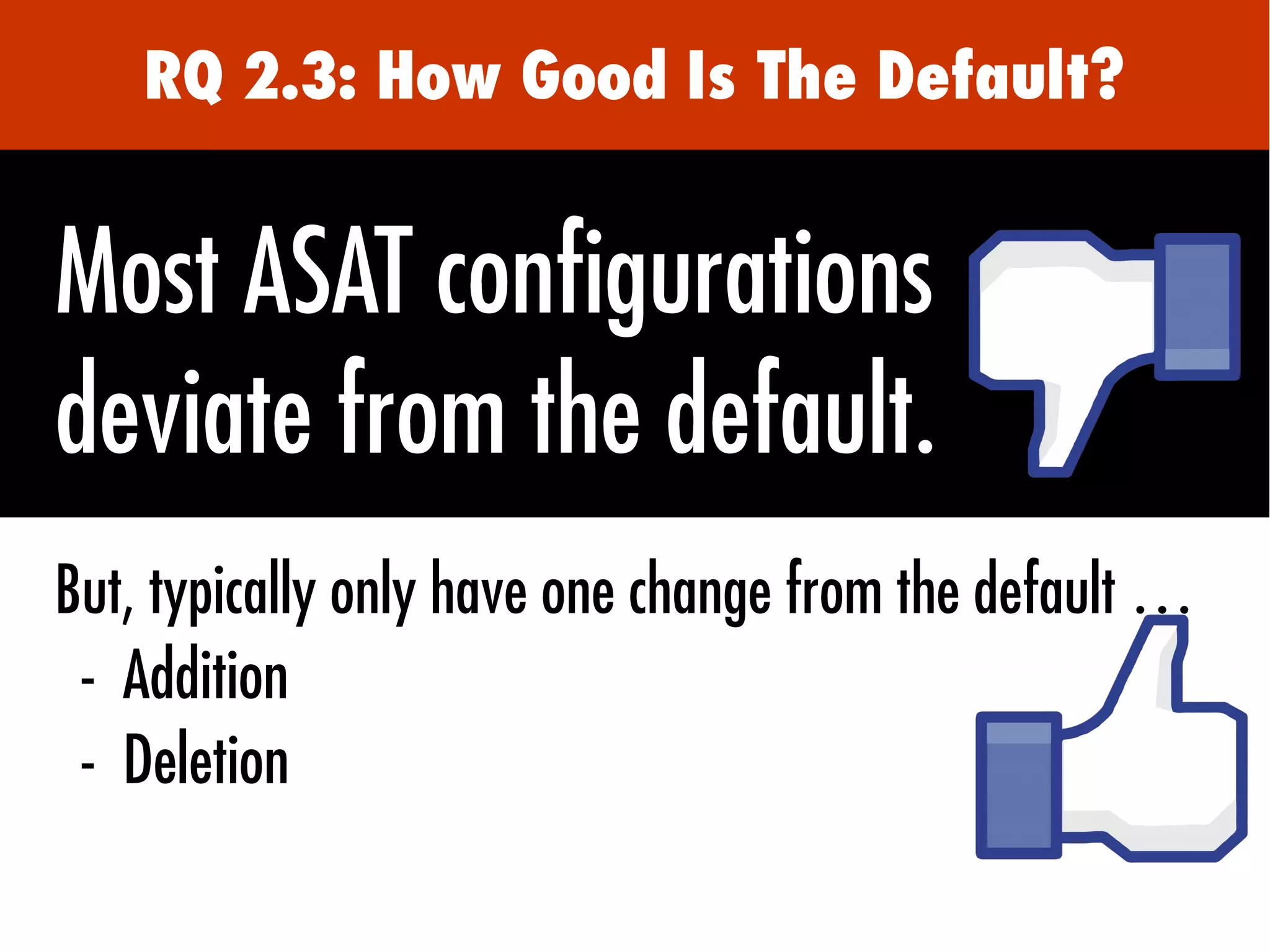 RQ 2.3: How Good Is The Default?
But, typically only have one change from the default …
●
- Addition
●
- Deletion
Most ASAT configurations
deviate from the default.
 