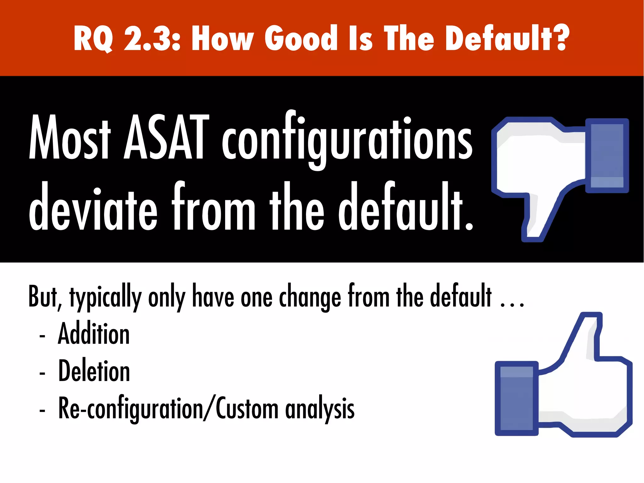 RQ 2.3: How Good Is The Default?
But, typically only have one change from the default …
●
- Addition
●
- Deletion
●
- Re-configuration/Custom analysis
Most ASAT configurations
deviate from the default.
 