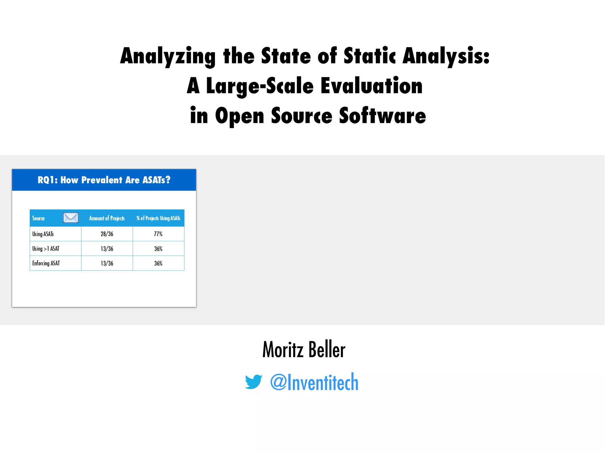 Moritz Beller
@Inventitech
Analyzing the State of Static Analysis:
A Large-Scale Evaluation
in Open Source Software
 