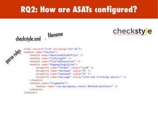 RQ2: How are ASATs configured?
filename
checkstyle.xml
parse rules
 