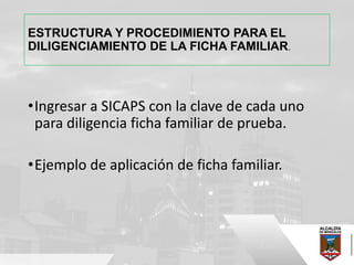 ESTRUCTURA Y PROCEDIMIENTO PARA EL
DILIGENCIAMIENTO DE LA FICHA FAMILIAR.
•Ingresar a SICAPS con la clave de cada uno
para diligencia ficha familiar de prueba.
•Ejemplo de aplicación de ficha familiar.
 