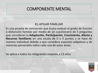 COMPONENTE MENTAL
EL APGAR FAMILIAR
Es una prueba de tamización que busca evaluar el grado de función
o disfunción familiar por medio de un cuestionario de 5 preguntas
que consideran la Adaptación, Participación, Crecimiento, Afecto y
Recursos familiares en una escala de 0 a 4 puntos y se hace de
manera individual debido a que considera aspectos subjetivos y de
vivencias personales sobre cada una de estas áreas.
Se aplica a todos los integrantes mayores a 13 años
 