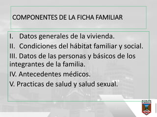 COMPONENTES DE LA FICHA FAMILIAR
I. Datos generales de la vivienda.
II. Condiciones del hábitat familiar y social.
III. Datos de las personas y básicos de los
integrantes de la familia.
IV. Antecedentes médicos.
V. Practicas de salud y salud sexual.
 