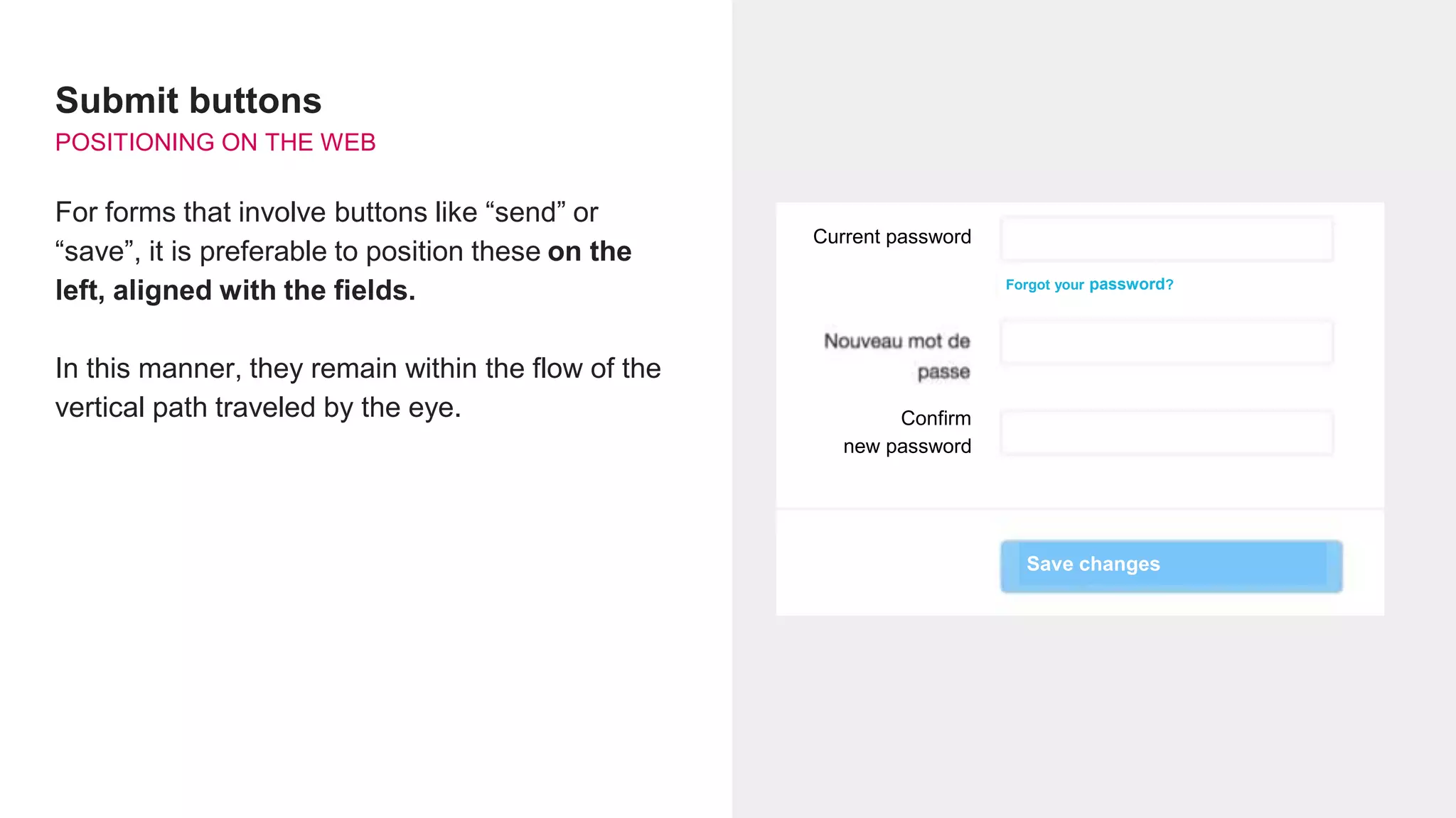 Submit buttons
POSITIONING ON THE WEB
For forms that involve buttons like “send” or
“save”, it is preferable to position these on the
left, aligned with the fields.
In this manner, they remain within the flow of the
vertical path traveled by the eye.
Forgot your password?
Current password
Confirm
new password
Save changes
 