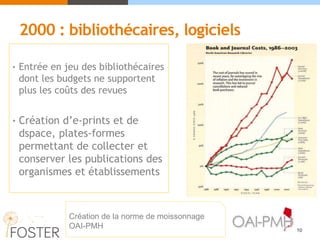 2000 : bibliothécaires, logiciels
• Entrée en jeu des bibliothécaires
dont les budgets ne supportent
plus les coûts des revues
• Création d’e-prints et de
dspace, plates-formes
permettant de collecter et
conserver les publications des
organismes et établissements
10
Création de la norme de moissonnage
OAI-PMH
 