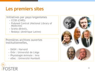 Les premiers sites
Premières archives ouvertes
institutionnelles,
• DASH : Harvard
• Orbi : Université de Liège
• Physiologie Animale : Inra
• eDoc : Université Humbolt
11
Initiatives par pays/organismes
• CCSD (CNRS)
• Pubmed Central (National Library of
Medicine)
• Scielo (Brésil),
• Redalyc (Amérique Latine)
 