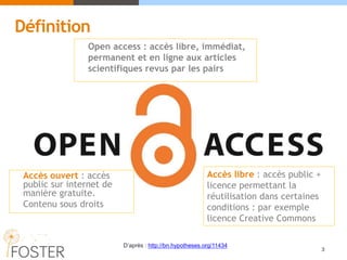 Accès ouvert : accès
public sur internet de
manière gratuite.
Contenu sous droits
Accès libre : accès public +
licence permettant la
réutilisation dans certaines
conditions : par exemple
licence Creative Commons
D’après : http://bn.hypotheses.org/11434
Open access : accès libre, immédiat,
permanent et en ligne aux articles
scientifiques revus par les pairs
Définition
3
 