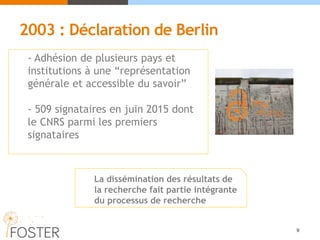 2003 : Déclaration de Berlin
9
- Adhésion de plusieurs pays et
institutions à une “représentation
générale et accessible du savoir”
- 509 signataires en juin 2015 dont
le CNRS parmi les premiers
signataires
La dissémination des résultats de
la recherche fait partie intégrante
du processus de recherche
 