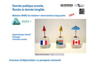 Médiation avec les habitants = démonstrateurs large public
Concours d’objets/data: Le parapluie connecté
Donnée publique ouverte,
Rendre la donnée tangible
Porteur : Julien Levesque C.C
Apprentissage collectif
Échanges
Innovation sociale
 