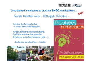 Exemple: Hackathon interne… 6000 agents, 350 métiers…
Concrètement: co-produire en proximité avecles utilisateurs …
Améliorer les Services Publics
⇒ Impact dans la ville/Métropole
Révéler, Stimuler et Valoriser les talents,
Contribuer au mieux vivre ensemble,
Développer une culture numérique (data, …).
…Bouleverse les hiérarchies, … les silos
Tourisme Jardin Cantines
 