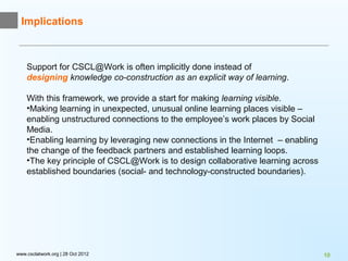 Implications



    Support for CSCL@Work is often implicitly done instead of
    designing knowledge co-construction as an explicit way of learning.

    With this framework, we provide a start for making learning visible.
    •Making learning in unexpected, unusual online learning places visible –
    enabling unstructured connections to the employee’s work places by Social
    Media.
    •Enabling learning by leveraging new connections in the Internet – enabling
    the change of the feedback partners and established learning loops.
    •The key principle of CSCL@Work is to design collaborative learning across
    established boundaries (social- and technology-constructed boundaries).




www.csclatwork.org | 28 Oct 2012                                                  10
 