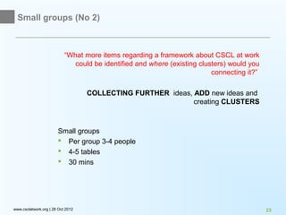 Small groups (No 2)



                           “What more items regarding a framework about CSCL at work
                              could be identified and where (existing clusters) would you
                                                                          connecting it?”

                                   COLLECTING FURTHER ideas, ADD new ideas and
                                                             creating CLUSTERS



                       Small groups
                        Per group 3-4 people
                        4-5 tables
                        30 mins




www.csclatwork.org | 28 Oct 2012                                                            23
 