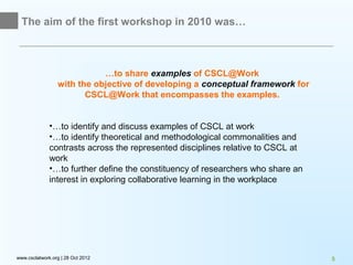 The aim of the first workshop in 2010 was…



                            …to share examples of CSCL@Work
                 with the objective of developing a conceptual framework for
                        CSCL@Work that encompasses the examples.


              •…to identify and discuss examples of CSCL at work
              •…to identify theoretical and methodological commonalities and
              contrasts across the represented disciplines relative to CSCL at
              work
              •…to further define the constituency of researchers who share an
              interest in exploring collaborative learning in the workplace




www.csclatwork.org | 28 Oct 2012                                                 5
 