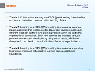 Goggins & Jahnke, 2012
  Results                                                                       IJSKD




      Thesis 1. Collaborative learning in a CSCL@Work setting is enabled by
       and in unexpected and unusual online learning places.

      Thesis 2. Learning in a CSCL@Work setting is enabled by fostering
       learning activities that incorporate feedback from diverse sources and
       different feedback partners who are not available within the traditional
       organizational boundaries. Such new sources are available through
       personal connections, developed by using social media, which are
       disruptive to our classic conceptualization of what an organization is.

      Thesis 3. Learning in a CSCL@Work setting is enabled by supporting
       technology-embraced collaborative learning across established
       boundaries.




www.csclatwork.org | 28 Oct 2012                                                         9
 