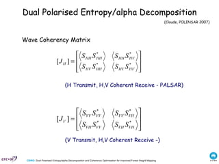 Dual Polarised Entropy/alpha Decomposition Wave Coherency Matrix  (H Transmit, H,V Coherent Receive - PALSAR) (V Transmit, H,V Coherent Receive -) (Cloude, POLINSAR 2007) 