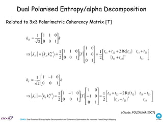 Dual Polarised Entropy/alpha Decomposition Related to 3x3 Polarimetric Coherency Matrix [T]  (Cloude, POLINSAR 2007) 