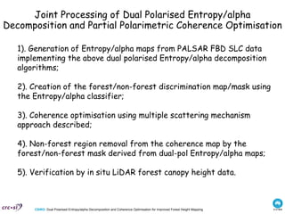 Joint Processing of Dual Polarised Entropy/alpha Decomposition and Partial Polarimetric Coherence Optimisation  1). Generation of Entropy/alpha maps from PALSAR FBD SLC data implementing the above dual polarised Entropy/alpha decomposition algorithms; 2). Creation of the forest/non-forest discrimination map/mask using the Entropy/alpha classifier; 3). Coherence optimisation using multiple scattering mechanism approach described; 4). Non-forest region removal from the coherence map by the forest/non-forest mask derived from dual-pol Entropy/alpha maps; 5). Verification by in situ LiDAR forest canopy height data.  