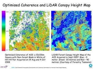 Optimised Coherence and LiDAR Canopy Height Map Optimised Coherence of AOI: a 10x10km Square with Non-forest Mask in White of HH-HV Pair Acquired on 19 Aug and 4 Oct 2008   LiDAR Forest Canopy Height Map of the AOI Acquired in Sept 2007: Blue – 0 meter, Green- 20 metres and Red – 40 metres. (Courtesy of Forestry Tasmania)  