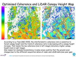 Optimised Coherence and LiDAR Canopy Height Map According to Le Toan (K&C 2010), the interferometric coherence ratio is sensitive to forest canopy height and the trend of coherence ratio is decreasing with a canopy height increase. That means the low coherence (red in left image) indicates a higher canopy height (red in right image).  One reason for anomaly/inconsistency in some areas could be that the ground cover changed due to the different acquisition dates of radar and LiDAR data (one year gap). 