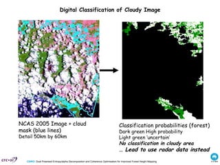 Classification probabilities (forest) Dark green High probability Light green ‘uncertain’ No classification in cloudy area …  Lead to use radar data instead Digital Classification of Cloudy Image NCAS 2005 Image + cloud mask (blue lines) Detail 50km by 60km 