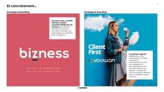 Lancement logiciel
Redéfinition de la
promesse et nouveau
concept de
communication pour
accompagner le
lancement de d’une
nouvelle version du
logiciel : concept de
communication renforcé
par une plateforme de
contenu
Et concrètement...
Nouveau logo, nouvelle
identité visuelle,
nouvelle plateforme de
marque pour Bizness,
N°1 de la Formation
Nouvelle Génération et
déclinaison sur supports
print et digitaux
Stratégie & Branding
Stratégie & Branding
9
 