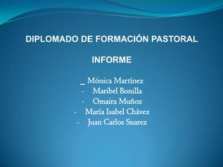 DIPLOMADO DE FORMACIÓN PASTORAL
INFORME
_ Mónica Martínez
- Maribel Bonilla
- Omaira Muñoz
- María Isabel Chávez
- Juan Carlos Suarez
 