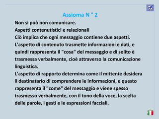 komunikacijske 
spretnosti 
Assioma N ° 2 
Non si può non comunicare. 
Aspetti contenutistici e relazionali 
Ciò implica che ogni messaggio contiene due aspetti. L'aspetto di contenuto trasmette informazioni e dati, e quindi rappresenta il "cosa" del messaggio e di solito è trasmessa verbalmente, cioè attraverso la comunicazione linguistica. 
L'aspetto di rapporto determina come il mittente desidera il destinatario di comprendere le informazioni, e questo rappresenta il "come" del messaggio e viene spesso trasmesso verbalmente, con il tono della voce, la scelta delle parole, i gesti e le espressioni facciali. 
 
