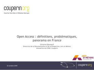 Open Access : définitions, problématiques,
panorama en France
Christine Ollendorff
Directrice de la Documentation et de la Prospective, Arts et Métiers
Animatrice du GTAO, Couperin
22 octobre 2018
 