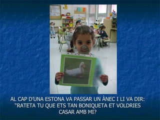 AL CAP D’UNA ESTONA VA PASSAR UN ÀNEC I LI VA DIR: “RATETA TU QUE ETS TAN BONIQUETA ET VOLDRIES CASAR AMB MI? 