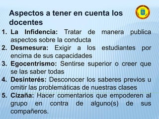 Aspectos a tener en cuenta los
docentes
1. La Infidencia: Tratar de manera publica
aspectos sobre la conducta
2. Desmesura: Exigir a los estudiantes por
encima de sus capacidades
3. Egocentrismo: Sentirse superior o creer que
se las saber todas
4. Desinterés: Desconocer los saberes previos u
omitir las problemáticas de nuestras clases
5. Cizaña: Hacer comentarios que empoderen al
grupo en contra de alguno(s) de sus
compañeros.
 