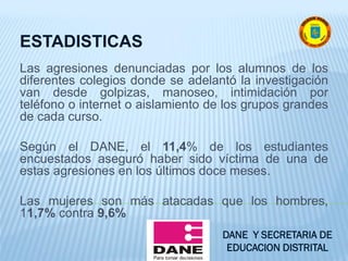 Las agresiones denunciadas por los alumnos de los
diferentes colegios donde se adelantó la investigación
van desde golpizas, manoseo, intimidación por
teléfono o internet o aislamiento de los grupos grandes
de cada curso.
Según el DANE, el 11,4% de los estudiantes
encuestados aseguró haber sido víctima de una de
estas agresiones en los últimos doce meses.
Las mujeres son más atacadas que los hombres,
11,7% contra 9,6%
ESTADISTICAS
DANE Y SECRETARIA DE
EDUCACION DISTRITAL
 
