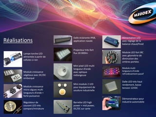 Réalisations
Lampe torche LED
alimentée à partir de
cellules Li-ion
Module croissance
végétaux avec DC/DC
embarqué
Module croissance
micro algues multi
longueurs d’onde +
forte puissance
Régulateur de
courant LED très
compact/miniature
Dalle éclairante IP68,
application navale
Projecteur très fort
flux 20 000lm
Mini pixel LED multi
longueur d’onde
avec optique
mélangeuse
Mini module 2 LED
pour équipement de
soudure industrielle
Barrette LED high
power + mid power,
DC/DC sur carte
Alimentation LED
avec réglage de la
balance chaud/froid
Module LED fort IRC
avec géométrie de
diminution des
ombres portées
Module multi
longueurs d’onde
refroidissement passif
Dalle LED très haut
rendement, basse
tension 12VDC
Démonstrateur pour
industrie automobile
 