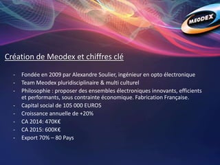 Création de Meodex et chiffres clé
- Fondée en 2009 par Alexandre Soulier, ingénieur en opto électronique
- Team Meodex pluridisciplinaire & multi culturel
- Philosophie : proposer des ensembles électroniques innovants, efficients
et performants, sous contrainte économique. Fabrication Française.
- Capital social de 105 000 EUROS
- Croissance annuelle de +20%
- CA 2014: 470K€
- CA 2015: 600K€
- Export 70% – 80 Pays
 