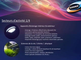 Secteurs d’activité 1/4
Appareils d’éclairage intérieur & extérieur
Sciences de la vie / chimie / physique
- Eclairage d’intérieur effectif et/ou décoratif, PLV
- Luminaires spéciaux grandes hauteurs
- Adaptation / re conception de luminaires existants
- Eclairage routier, public, environnements spéciaux
- Dalles, tubes, ampoules, spots, projecteurs, plafonniers
- Dispositifs d’éclairage pour machines industrielles spéciales
- Culture de micro algues
- Eclairage / culture de faune aquatique & sub aquatique
- Culture de micro organismes
- Photo polymérisation, catalyse, désinfection
- Vision spéciale (révélation UV, IR etc.)
 