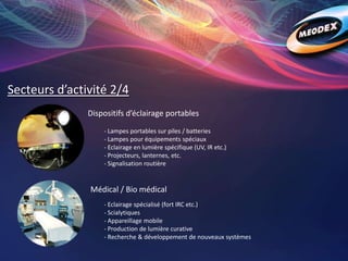 Secteurs d’activité 2/4
Dispositifs d’éclairage portables
Médical / Bio médical
- Lampes portables sur piles / batteries
- Lampes pour équipements spéciaux
- Eclairage en lumière spécifique (UV, IR etc.)
- Projecteurs, lanternes, etc.
- Signalisation routière
- Eclairage spécialisé (fort IRC etc.)
- Scialytiques
- Appareillage mobile
- Production de lumière curative
- Recherche & développement de nouveaux systèmes
 