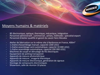 Moyens humains & matériels
- BE électronique, optique, thermique, mécanique, intégration
- Personnel administratif , commercial , achats, méthodes spécialisé export
- Personnel d’atelier qualifié et garant du savoir-faire Meodex
- Atelier de fabrication sur le même site à Narbonne en France, 400m²
- 1 chaîne d’assemblage manuel, capacité 1200 LED/j
- 1 chaîne assemblage semi automatique, capacité 10 000 LED/j
- 1 chaîne assemblage automatique, capacité 200 000 LED/j
- Machines de coupe et dénudage de fils électriques
- Equipement de potting transparent
- Appareils de mesure photométrique
- Appareils de mesure , imagerie thermique
- Appareils de mesure électronique, génération de signaux
- Stockage de composants électroniques
- Showroom, salle de réunion 10 places
 