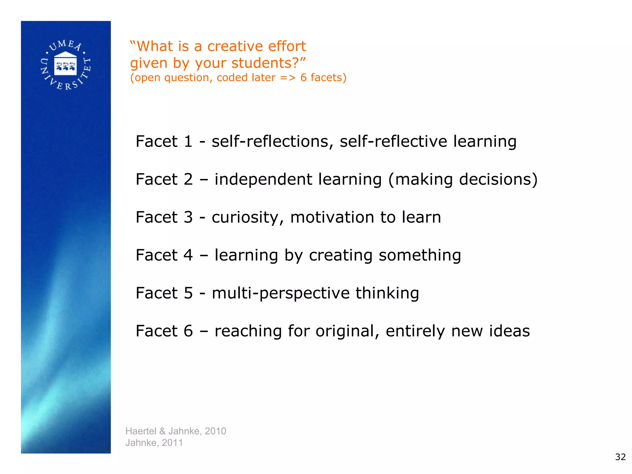 “What is a creative effort
given by your students?”
(open question, coded later => 6 facets)




  Facet 1 - self-reflections, self-reflective learning

  Facet 2 – independent learning (making decisions)

  Facet 3 - curiosity, motivation to learn

  Facet 4 – learning by creating something

  Facet 5 - multi-perspective thinking

  Facet 6 – reaching for original, entirely new ideas




Haertel & Jahnke, 2010
Jahnke, 2011
                                                         32
 