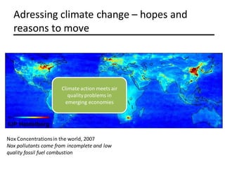 Adressing climate change – hopes and
reasons to move
Nox Concentrationsin the world, 2007
Nox pollutants come from incomplete and low
quality fossil fuel combustion
Climate action meets air
qualityproblems in
emerging economies
 
