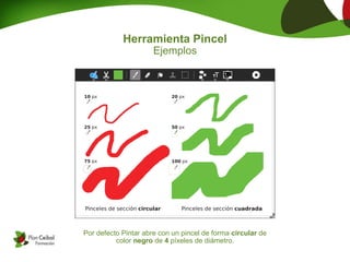 Herramienta Pincel
                      Ejemplos




Por defecto Pintar abre con un pincel de forma circular de
          color negro de 4 píxeles de diámetro.
 
