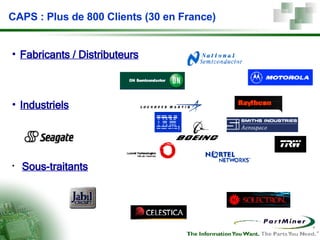 CAPS : Plus de 800 Clients (30 en France) Fabricants / Distributeurs Industriels Sous-traitants 