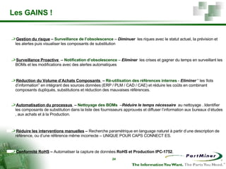 Les GAINS ! Gestion du risque  –   Surveillance de l’obsolescence  –  Diminuer  les riques avec le statut actuel, la prévision et les alertes puis visualiser les composants de substitution Surveillance Proactive  –   Notification d’obsolescence  –   Eliminer  les crises et gagner du temps en surveillant les BOMs et les modifications avec des alertes automatiques Réduction du Volume d’Achats Composants  –   Ré-utilisation des références internes  -  Eliminer  “ les îlots d’information” en intégrant des sources données (ERP / PLM / CAD / CAE) et réduire les coûts en combinant composants dupliqués, substitutions et réduction des mauvaises références.  Automatisation du processus  –   Nettoyage des BOMs  – Réduire le temps nécessaire  au nettoyage . Identifier les composants de substitution dans la liste des fournisseurs approuvés et diffuser l’information aux bureaux d’études , aux achats et à la Production.  Réduire les interventions manuelles  –  Recherche paramétrique en language naturel à partir d’une description de référence, ou d’une référence même incorrecte – UNIQUE POUR CAPS CONNECT ES. Conformité RoHS  –  Automatiser la capture de données  RoHS et Production IPC-1752 . 