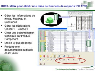 OUTIL MDW pour établir une Base de Données de rapports IPC 1752 Gérer les  informations de niveau Matériau et Substance  Gérer les déclarations  Classe 1 – Classe 6 Créer une documentation technique par Produit/ Composant Etablir le ‘due diligence’ Produire une documentation auditable en 28 jours 