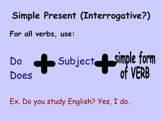 Simple Present (Interrogative?) For all verbs, use: Do  Subject Does Ex. Do you study English? Yes, I do. simple form of VERB + + 