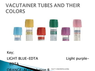 Key; LIGHT BLUE-EDTA  Light purple-EDTA ORANGE-ACD solution B RED- GREEN-heparin PURPLE-EDTA lusu'11,mwendesha,sunday 