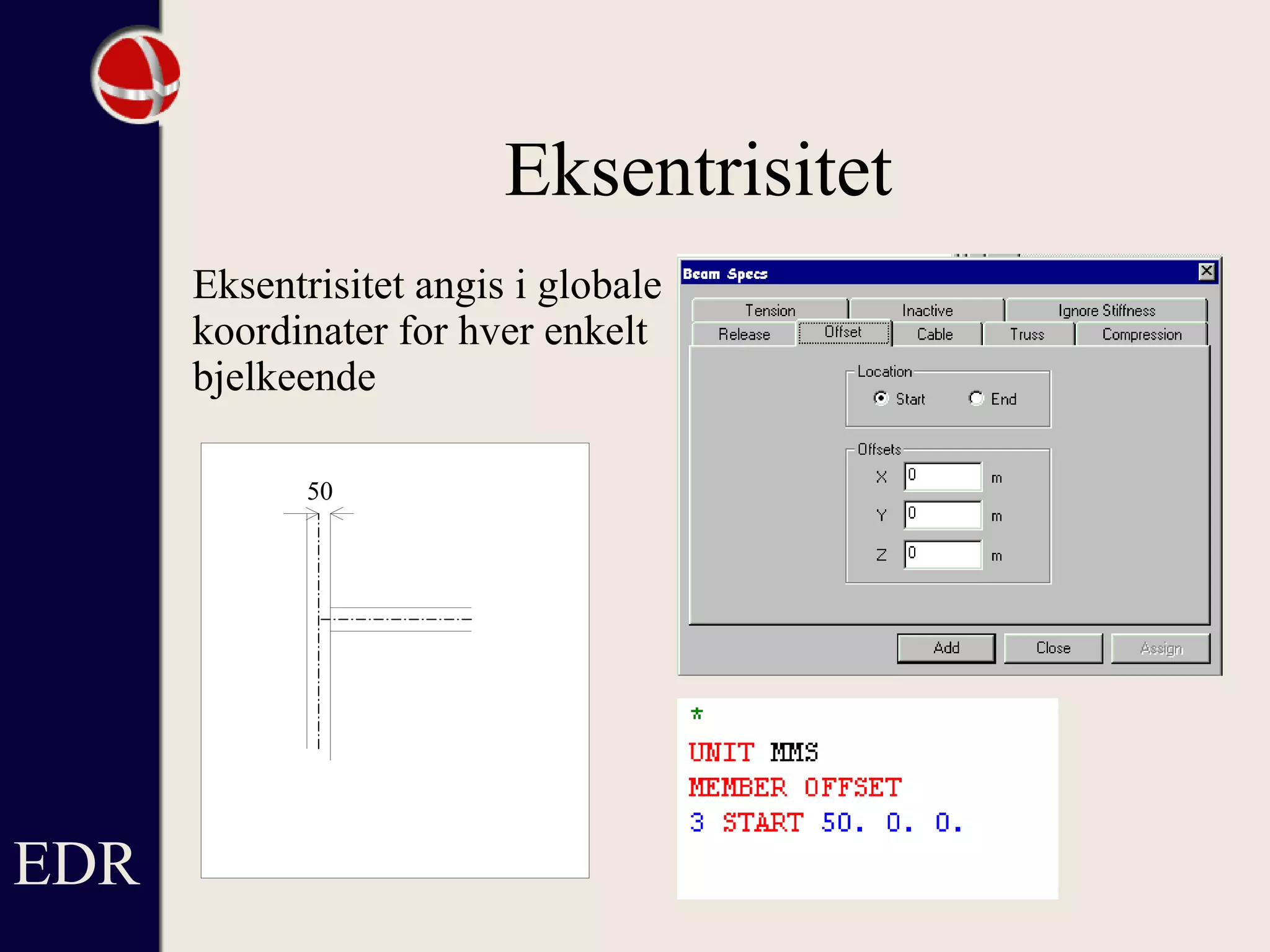 Eksentrisitet
Eksentrisitet angis i globale
koordinater for hver enkelt
bjelkeende
50
EDR
 